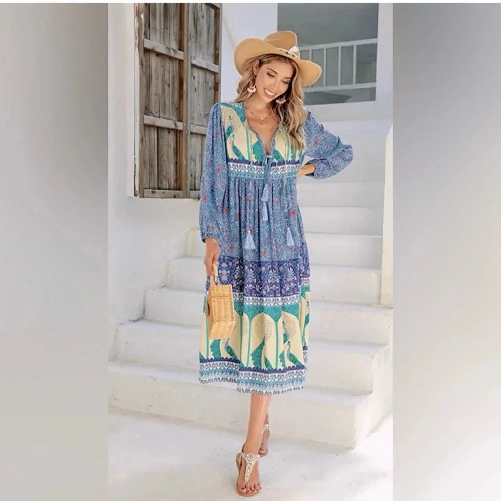 R.Vivimos Women's Casual Bohemian Print Neck Tie Long Sleeve Beach Style